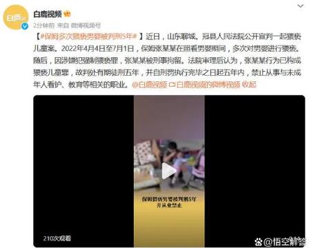 保姆多次猥褻男嬰被判刑5年 同時發出從業禁止令