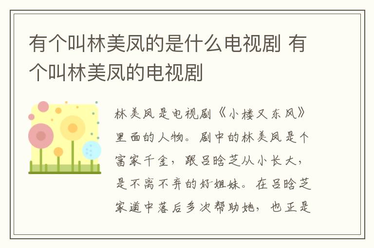 有個叫林美鳳的是什么電視劇 有個叫林美鳳的電視劇