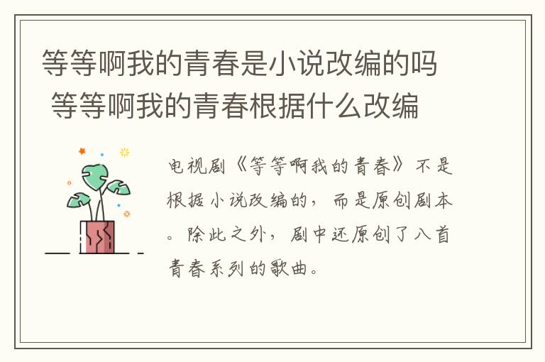 等等啊我的青春是小說改編的嗎 等等啊我的青春根據什么改編