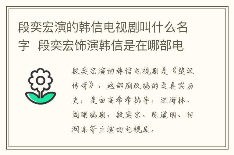 段奕宏演的韓信電視劇叫什么名字  段奕宏飾演韓信是在哪部電視劇中
